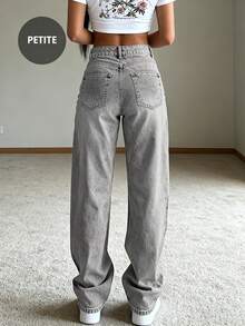 Jeans rectos de mujer sin estiramiento, de pierna recta y extra largos, de estilo casual con cremallera, botón y bolsillos - Gris Claro - Ver 2