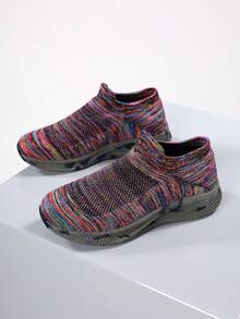 Women Multicolor Knit Slip-On Sneakers Breathable Comfortable Casual Walking Shoes - Red - View 5