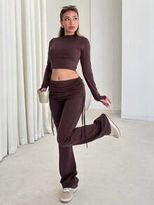女士秋季时尚休闲运动套装 圆领长袖上衣 高腰抽绳褶皱喇叭裤 两件套 - 棕色 - 查看 7