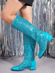 Women's Chunky Heel Tall Boots, New Warm Side Zipper Square Toe Blue High Heel Riding Boots, Autumn/Winter - Blue - View 9