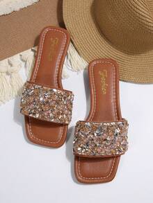 Sandales à enfiler ornées de strass, légères et antidérapantes, convenant pour la plage, le port casual, l'intérieur, les grandes tailles, nouveau design pailleté à la mode - Tabac - Voir 7