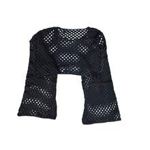 Plus Size Women Solid Color Round Neck Long Sleeve Hollow-Out Cropped Sweater - Black - View 2