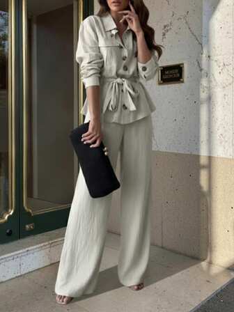 Conjunto de top de manga larga con un solo botón y pantalones de pierna ancha de unicolor, elegante y con lazo delantero, de estilo retro, casual y elegante, perfecto para la oficina, el trabajo y reuniones. Ropa de mujer para otoño e invierno, ropa vintage para mujer