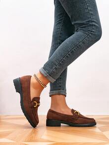 Women's Loafers, Round Toe Metal Buckle Flat Loafers, Outdoor Retro Women's Flats, Flat Brogues, Women's Shoes, Women's Casual Shoes - Bronze - View 4