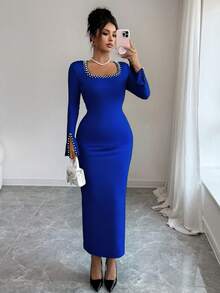 女士秋冬新款时尚珍珠装饰方领长袖中长针织连衣裙，修身显瘦 - 藍色 - 查看 7