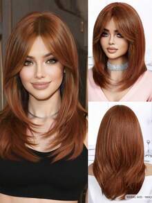 18英寸女士橙红色假发，多层长假发带帘头，耐热合成纤维假发 - 彩色 - 查看 1