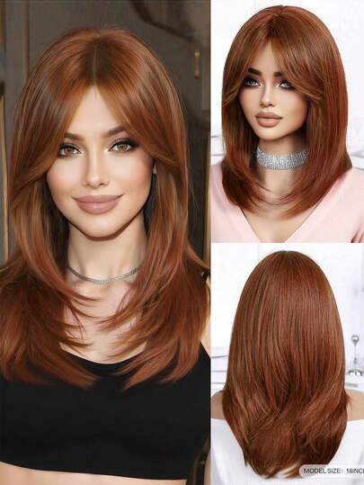 18 Inch Women's Orange Red Wig, Multi-Layer Long Wig With Curtain, Heat Resistant Synthetic Fiber Wig
