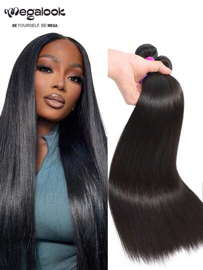 MEGALOOK 1/3束12-30英寸直发自然黑100%未经加工的巴西原生人发接发，10A级，柔软蓬松，适合女性。可选1束或3束装 - 耐用、不掉发、可染色，适合日常佩戴，造型百变，经济实惠，完美适用于婚礼、化妆、假睫毛、约会和派对。