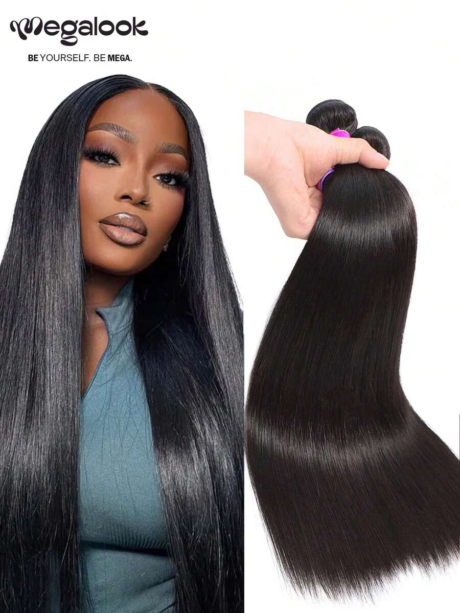 MEGALOOK 1/3束12-30英寸直发自然黑100%未经加工的巴西原生人发接发，10A级，柔软蓬松，适合女性。可选1束或3束装 - 耐用、不掉发、可染色，适合日常佩戴，造型百变，经济实惠，完美适用于婚礼、化妆、假睫毛、约会和派对。 - SNatural - 查看 1