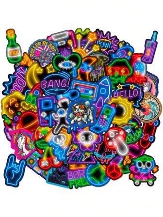 50pcs Assorted Neon Lights & Cartoon Waterproof Stickers - Great For DIY Personalization On Laptops, Water Bottles, Etc. (Random Styles)
