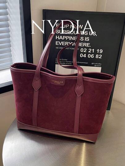 1pc Large Capacity Suede PU Bottom Tote Bag, Minimalist Casual, Fashionable, Burgundy Color, Suitable For Dates, Gatherings, School, Commuting And Daily Use, New Autumn/Winter Women's Shoulder Handbag, Latest Fashion Suede Bag, Perfect Match For Women's Autumn Outfits, 2025 New Autumn Women's Fashion