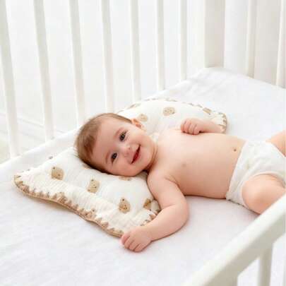 1个新生儿婴儿枕，小熊图案，长方形透气防扁头枕，男女宝宝通用，四季皆宜