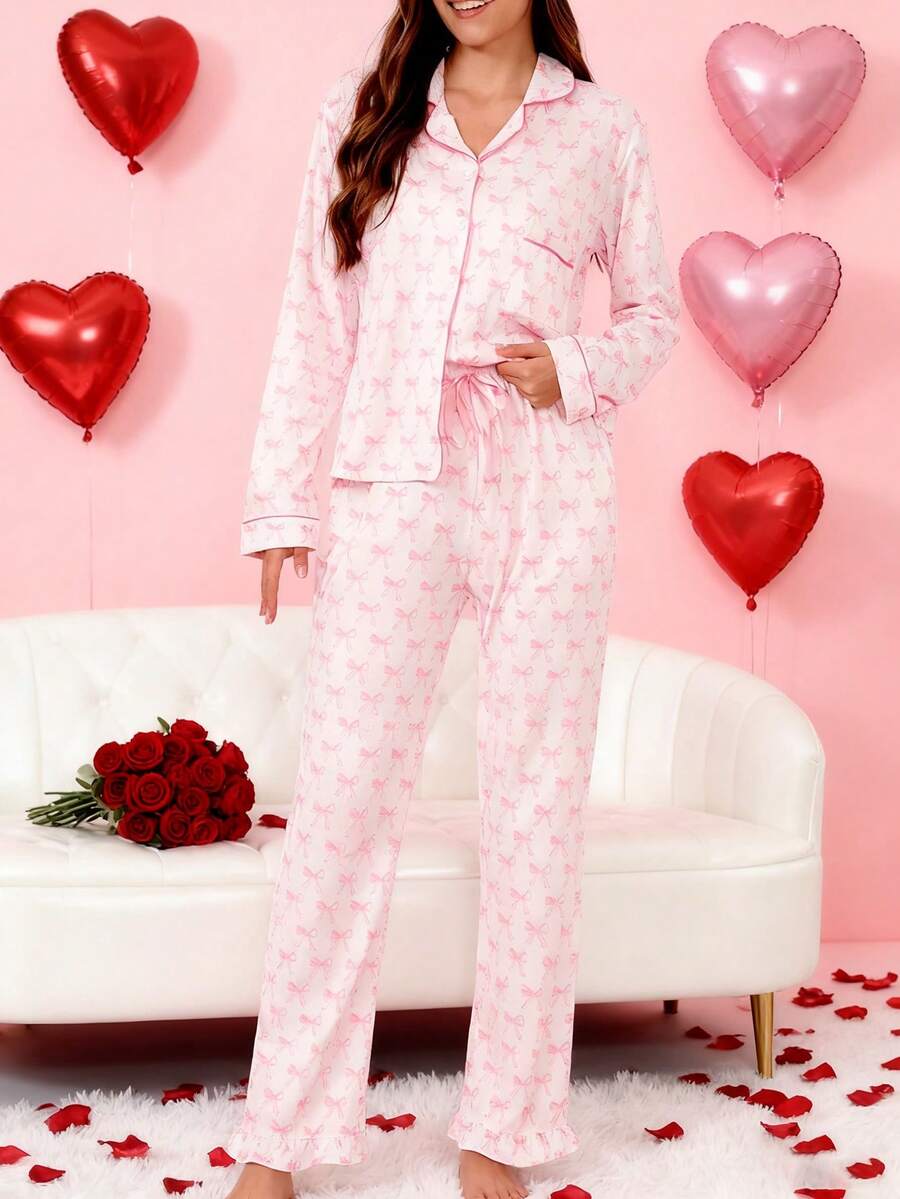 女士蝴蝶印花睡衣套装（两件套），荷叶边长袖上衣和长裤，秋冬服装 - 粉色 - 查看 1