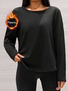 Camiseta de mujer con cuello en V asimétrico, dobladillo grueso y cálido, manga de murciélago, otoño/invierno - Negro - Ver 4