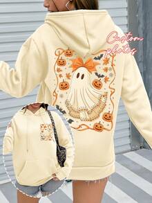 Custom Autumn/Winter Women's Hoodies - Halloween Customization - Front, Back, Double-Sided Customization, Add Your Own Photos (Family Photos/Selfies/Pet Photos) To Design Your Personalized Printed Hoodies, Custom Family Member Hoodies With Baby/Couple/Family/Pet Photos, Customized Comfortable Pet Hoodies, Personalized Pet Sweatshirts, Cute Pet Photo Printed Women's Hoodies Spring - Apricot - View 2