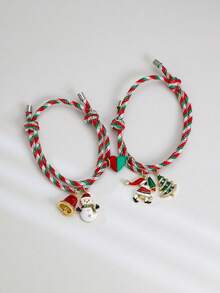 两件套可调节心形磁绳手链，配有各种圣诞老人吊坠，包括铃铛、雪人、圣诞老人、圣诞树等，简约风格，编织而成，附赠首饰盒，情侣/爱人礼物，友谊/闺蜜手链，圣诞节礼物，学生时尚单品