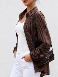 Women's Casual Striped Lantern Sleeve Blouse,Modest - 棕色 - 查看 8
