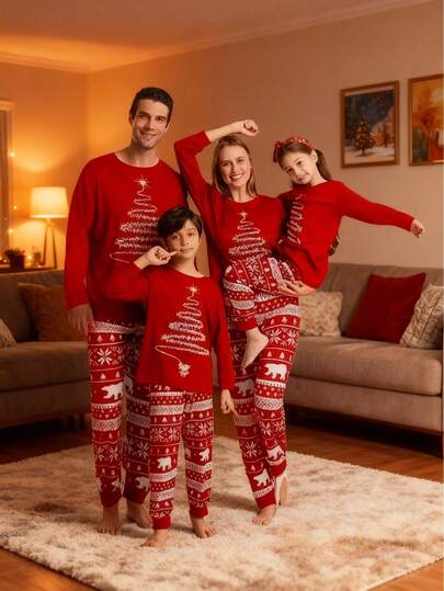 Conjunto de pijama navideño familiar ZERO de dos piezas: camiseta de manga larga con estampado de árbol de Navidad/color liso + pantalón/mono/disfraz para mascota.