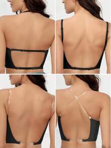 Mesh Contrast Color Deep U Plunge Push Up Bra With Detachable Transparent Straps For Versatile Wear - Black - View 5