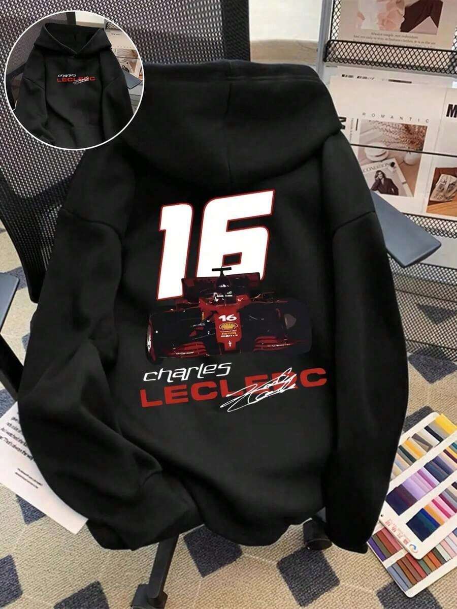 Hoodies For WomenWomen'S Navy Blue Hoodie With "16" Racing Car Graphic - "Charles Leclerc" Signature, Red & White Design, Casual Long Sleeve Pullover For Casual Attire, Casual Wear Hoodie |      Casual Hoodie |     Comfortable Fit HoodieAthleisure Graphic Hoodie For WomenLoose And Comfortableed Hardy Clothes - Black - View 1