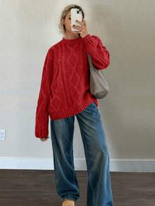 FOR BEAUTY 秋冬新款圆领扭结印花长袖针织衫，女士宽松酒红色简约时尚通勤套头衫，酒红色长袖休闲宽松保暖上衣，新年