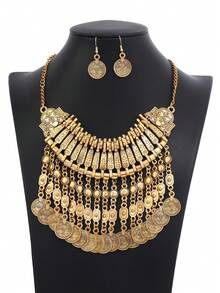 Bộ vòng cổ tua rua đồng xu chạm khắc cổ điển, phụ kiện thường ngày cho tiệc tùng, bãi biển - Màu Bạc Cổ - Xem 9