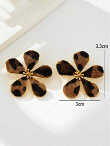 1 par de pendientes de flor con estampado de leopardo de peluche, diseño único y de moda, adecuado para uso diario, accesorio de otoño/invierno - Multicolor - Ver 3