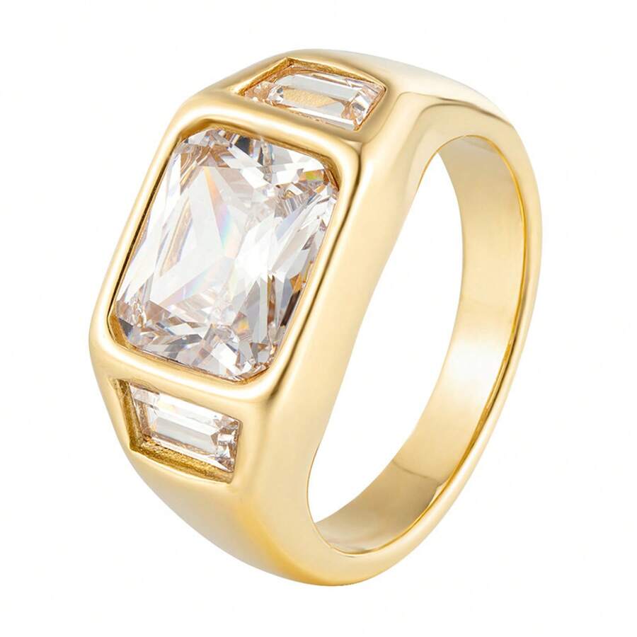 1 Piece 18K Gold Niche High-End Three-Diamond Square  Ring Daily Matching Party Gathering Valentine's Day, Christmas, Birthday Gift - Silver - View 1