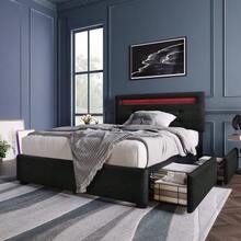 Bed Frame With LED Lighting And 2 Drawers, Single Upholstered Bed 90x200cm, Height-Adjustable Headboard, Wooden Slatted Base, Grey (Mattress Not Included) - 黑色2 - 查看 10