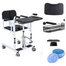 Elevador hidráulico para sillas de ruedas/pacientes de uso doméstico, equipado con una silla de transferencia con asiento dividido, silla de ducha/inodoro portátil junto a la cama y mesa - Negro - Ver 10
