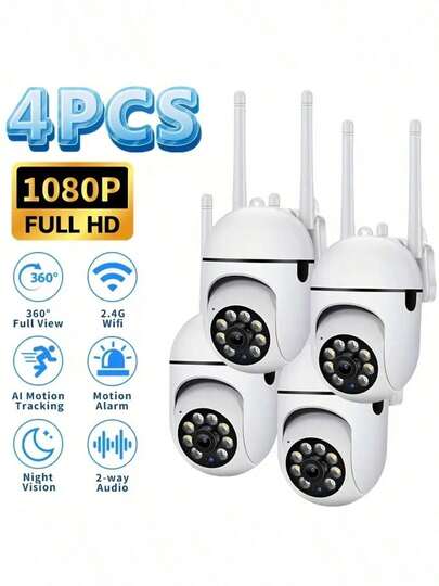 4pcs Wifi Security Camera, 1080P Wireless Outdoor Home Surveillance, With 360 °   Panoramic View, Smart PIR Motion Detection, AI Motion Tracking, Color Night Vision, Two-Way Audio, PTZ Control, Indoor Use App, Remote Viewing, Living Room Camera