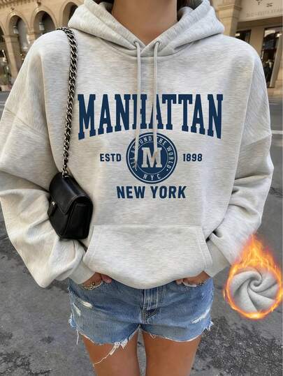 Women's Casual Ins-Style Blue Letter Print Hoodie Sweatshirt, Fashionable And Versatile For Daily Wear, Autumn/Winter