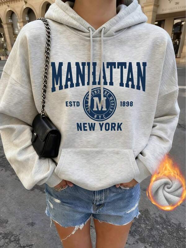 Sudadera con capucha de estilo casual con estampado de letras azules, de moda y versátil para uso diario, otoño/invierno