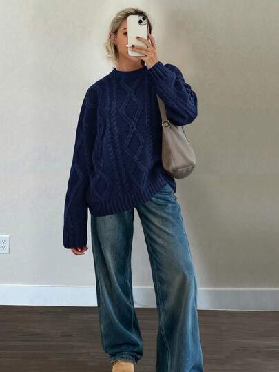 FOR BEAUTY Autumn And Winter New Round Neck Twisted Flower Long Sleeve Knitted Sweater Tops Women Loose Dark Blue Simple Fashion Commuting Style Women's Sweater Dark Blue Long Sleeve Casual Lazy Style Warm Top New Year