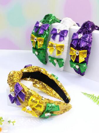 1件装女士嘉年华亮片水晶蝴蝶结可爱派对宽发箍，嘉年华礼物，发带，头饰，发箍