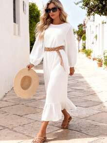 Women's Solid Color Muslim Style Puff Sleeve Ruffle Hem Dress, Vestidos Largos Para Mujer Fall Outfit For Women Vestidos De Mujer Casual - 白色 - 查看 7