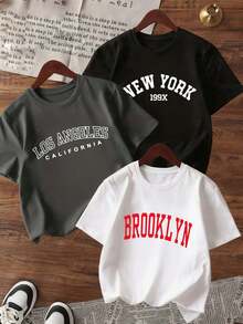 3件装青少年男童休闲印花圆领短袖T恤，夏季上衣 - 白色 - 查看 1