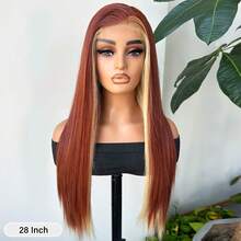 13x4 Lace Front Wig For Women Black Glueless Wig Synthetic Lace Wig Pre Plucked HD Lace Straight Wig Ready To Wear Long Straight Brown And Blonde Wig 28inch - 漸層紅色 - 查看 4