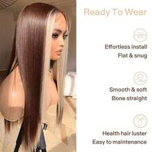 13x4 Lace Front Wig For Women Black Glueless Wig Synthetic Lace Wig Pre Plucked HD Lace Straight Wig Ready To Wear Long Straight Brown And Blonde Wig 28inch - Sọc Skunk vàng - Xem 4