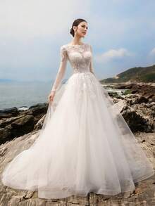 HEARBOBO  Elegant White Lace Long Sleeve Formal Evening Prom Wedding Dress, For Graduation, Dinner, Valentine's Day - White - View 1