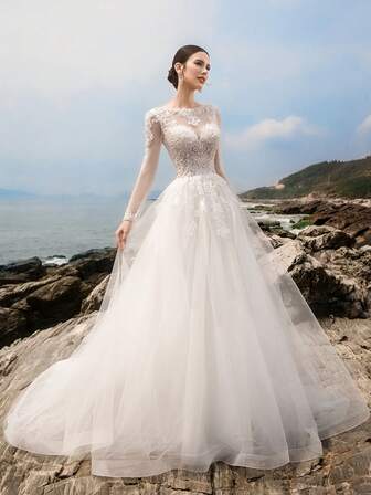 HEARBOBO  Elegant White Lace Long Sleeve Formal Evening Prom Wedding Dresses, For Graduation, Dinner