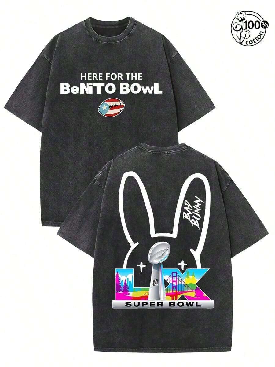 BadBunny Benito Bowl T Shirt,Retro Washed T-Shirt Double Sided Printed (230 Pure Cotton T-Shirt),Christian Gift, Men's T-Shirt, Men's Casual, Comfortable, Fashionable T-Shirt, Street Style Cotton-New Autumn/Winter Collection: Unisex Relaxed Fit Long-Sleeve Crew Neck Sweatshirt - 黑色 - 查看 1
