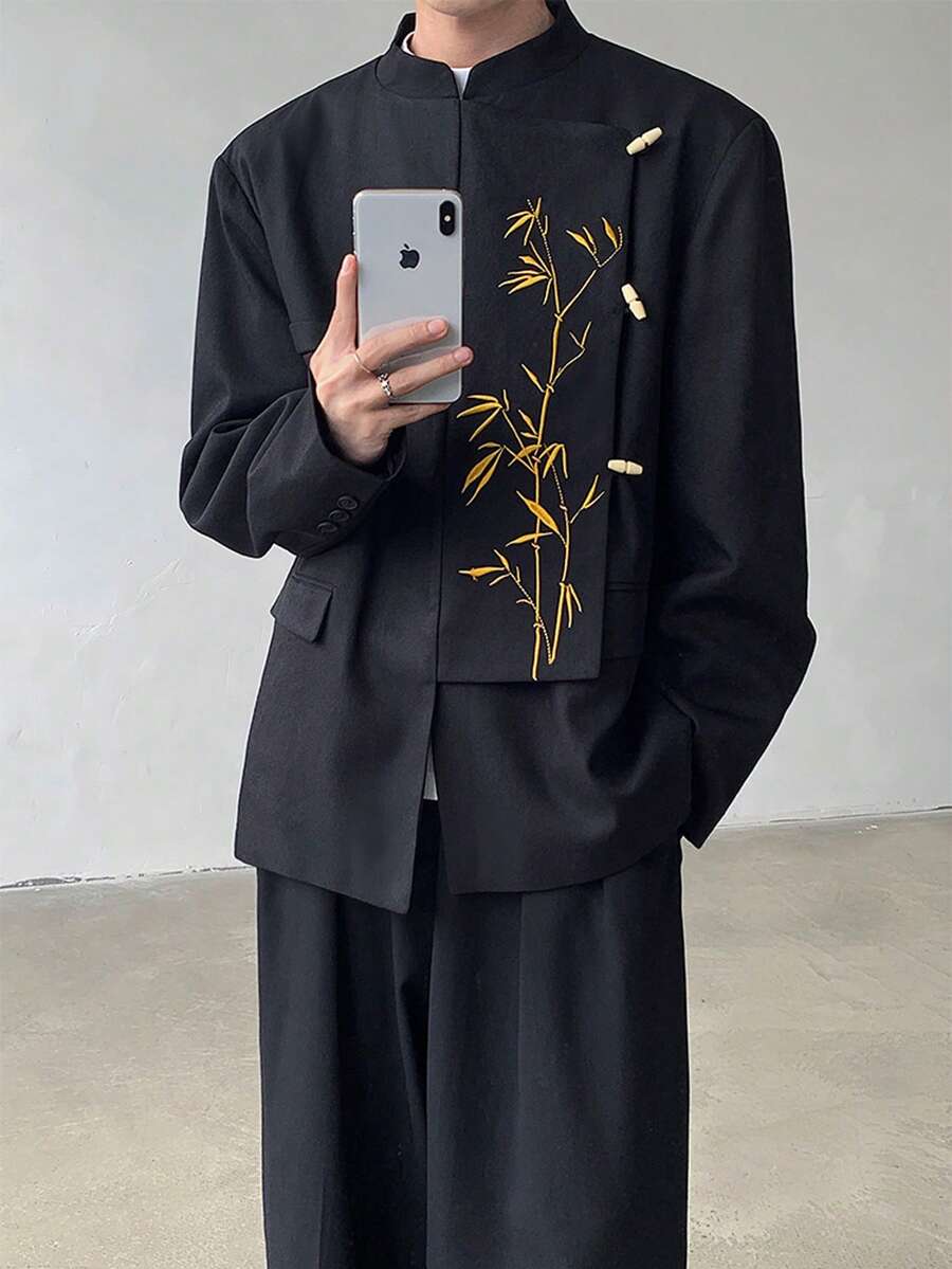 New Chinese Style Men's Black Gold Bamboo Embroidered Suit Jacket With Spring And Autumn High-End Feel Zhongshan Suit Jacket - màu đen - Xem 1