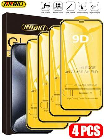 NNBILI 4片装 9D 钢化玻璃屏幕保护膜，兼容 11/12/13/14 Pro Max，也兼容 17/16/15 Pro Max/14/15/16 Plus 系列