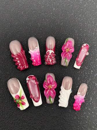 10片装纯手工美甲贴片，33mm方形长款，多种颜色可选，法式立体造型，胶水雕刻工艺，时尚百搭，适合女性佩戴，三种尺寸可选，适用于各种场合，如派对、舞会和日常佩戴。