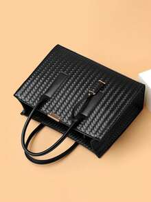 New Woven Pattern Handbag With Accessories - Black - View 4