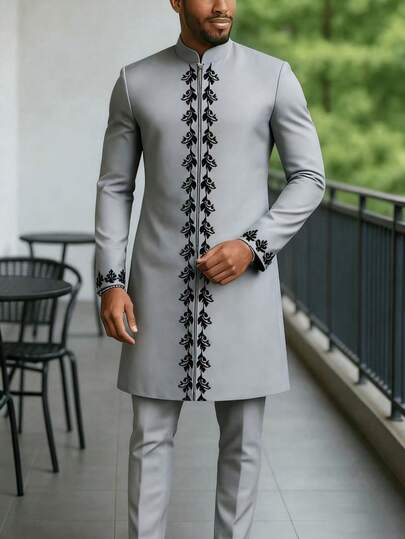 Men's Traditional Attire, African Men's 2 Pieces Set Long Sleeve Embroidered Luxury Suit, Men's Casual Holiday Outfit