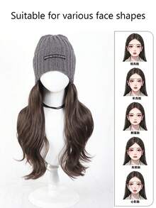 合成纤维帽子假发 针织帽子假发，帽子接发 长款波浪卷发灰色帽子假发，带合成发片，适合女性女孩冬季佩戴 - 冷棕色 棕色 黑色