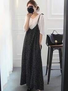 Casual  Bohemio    Ninguno    Diario  Vacación Mono falda de pierna ancha para mujer, nuevo modelo con tirantes y pantalones de nueve décimas con estampado de lunares, casual y holgado - Negro - Ver 2