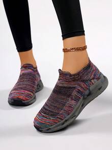 Women Multicolor Knit Slip-On Sneakers Breathable Comfortable Casual Walking Shoes - Red - View 3